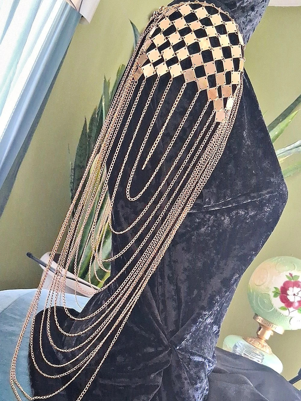 Gold & Checkered Fringe Necklace Body Chain.